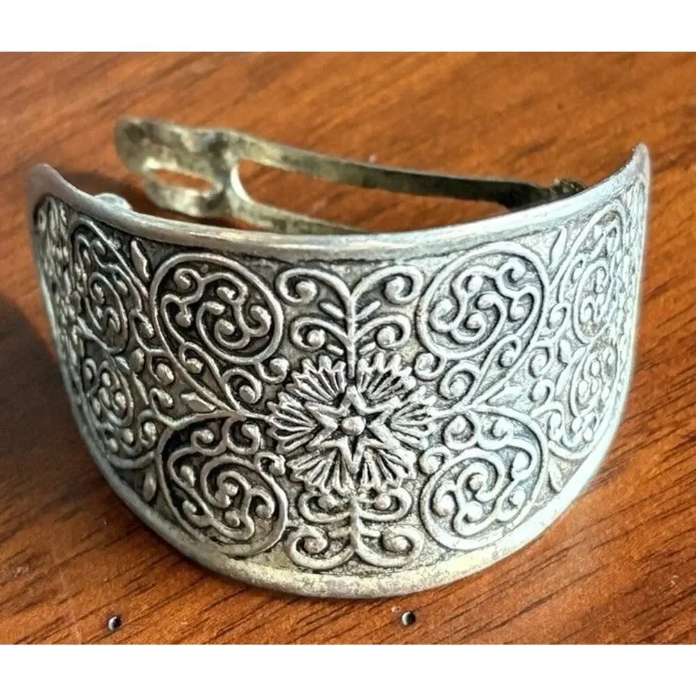 Vtg Silver Tone Ponytail Clip Hair Cuff Ornate Filigree Etched Boho Victorian